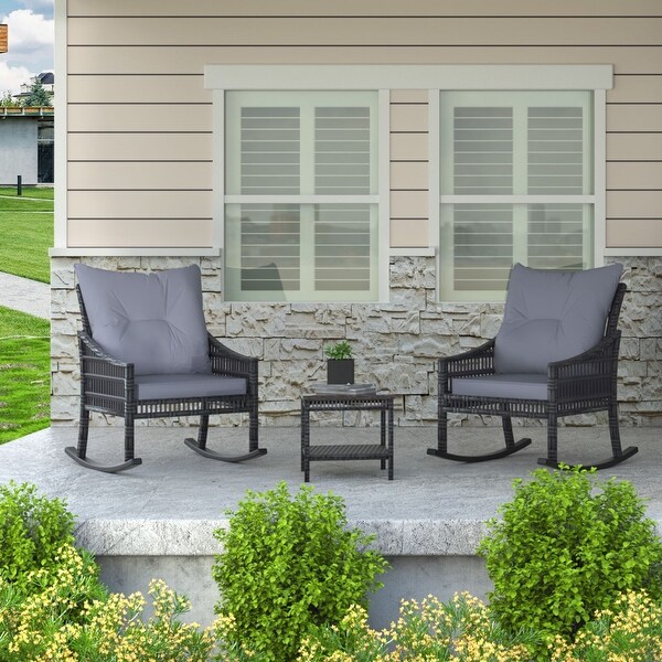 VEIKOUS 3Piece Outdoor Wicker Patio Porch Rocking Chair and Rattan Coffee Table Set with Cushions and Pillows