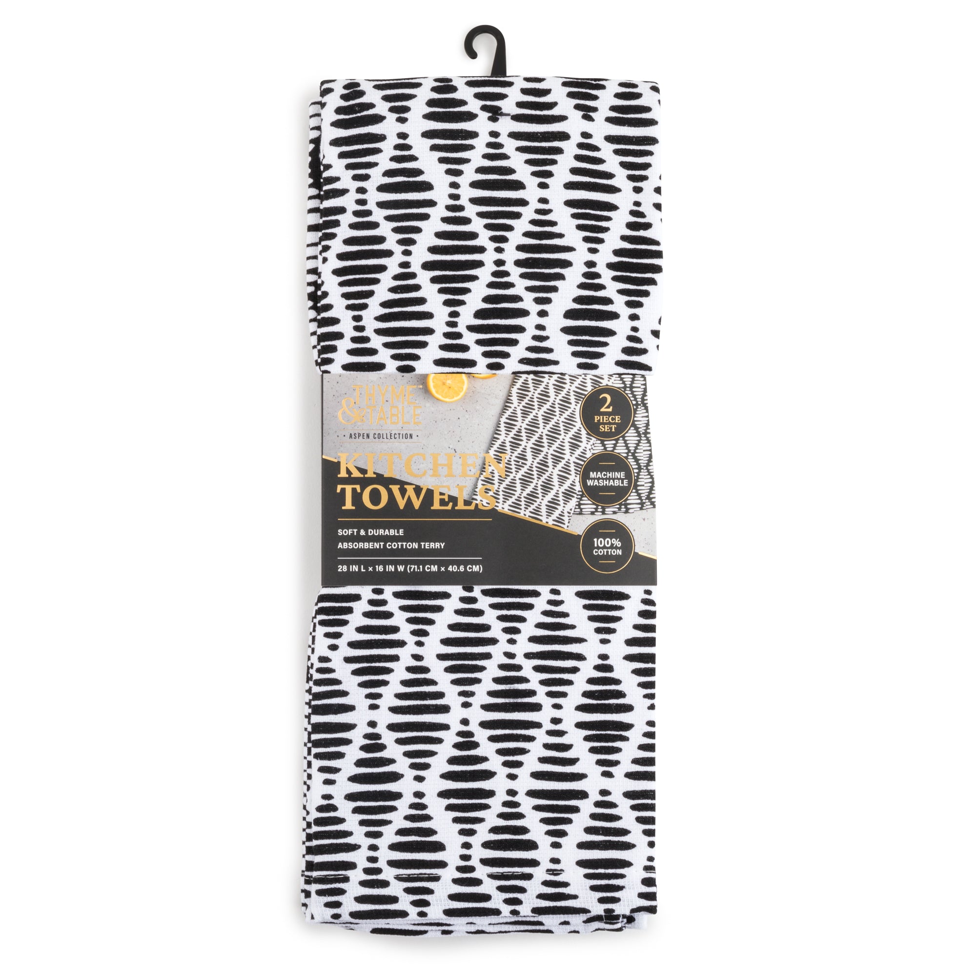 Thyme and Table Cotton Terry Kitchen Towels， Black White， 2-Piece Set