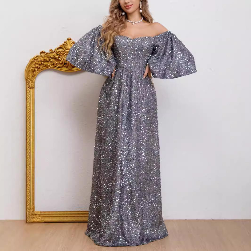 New sequin temperament commuting solid color high waist Lina group host banquet long evening dress