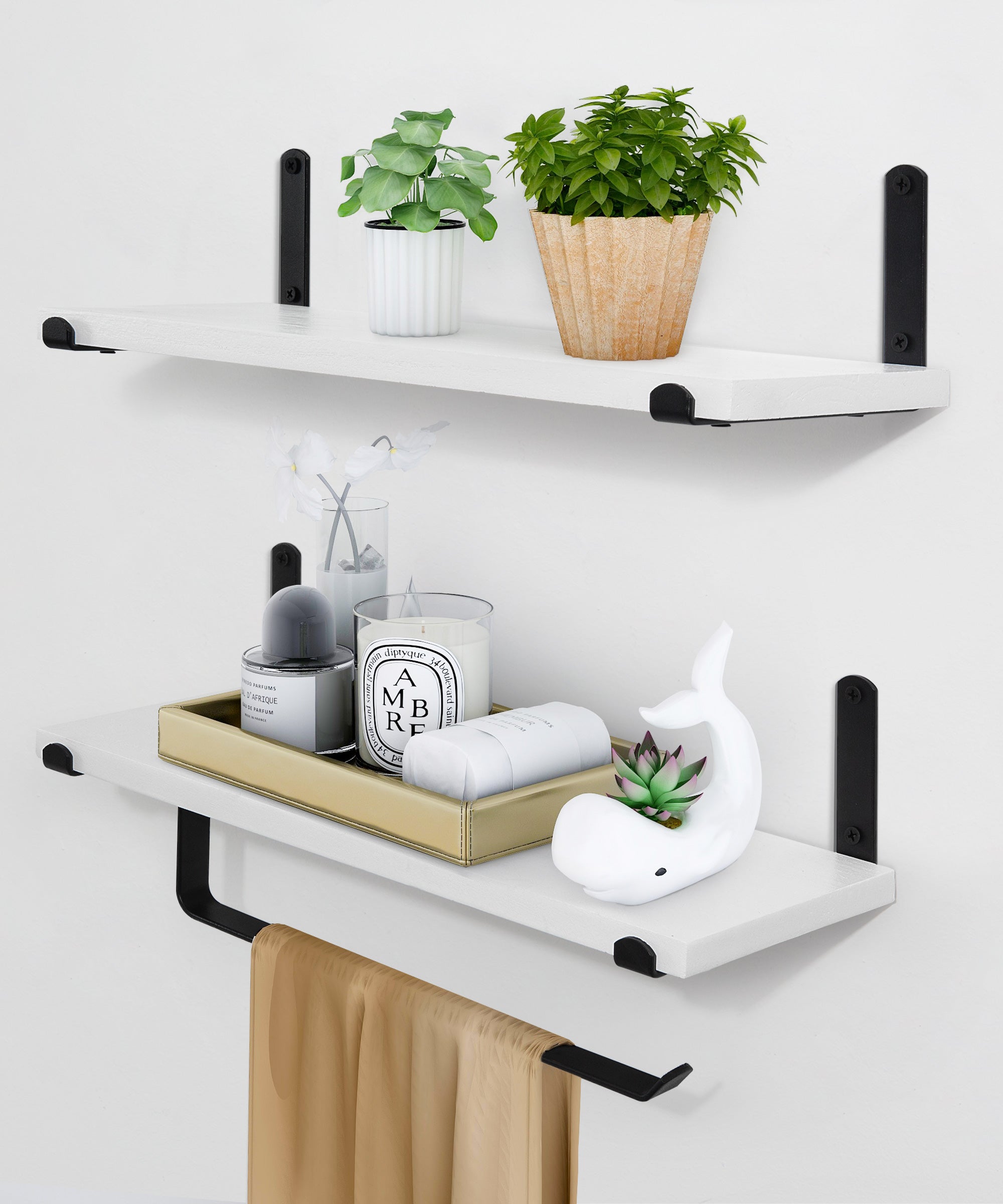 Afuly White Floating Shelves with Towel Bar, Modern Wall Mounted Shelf for Bathroom Set of 2