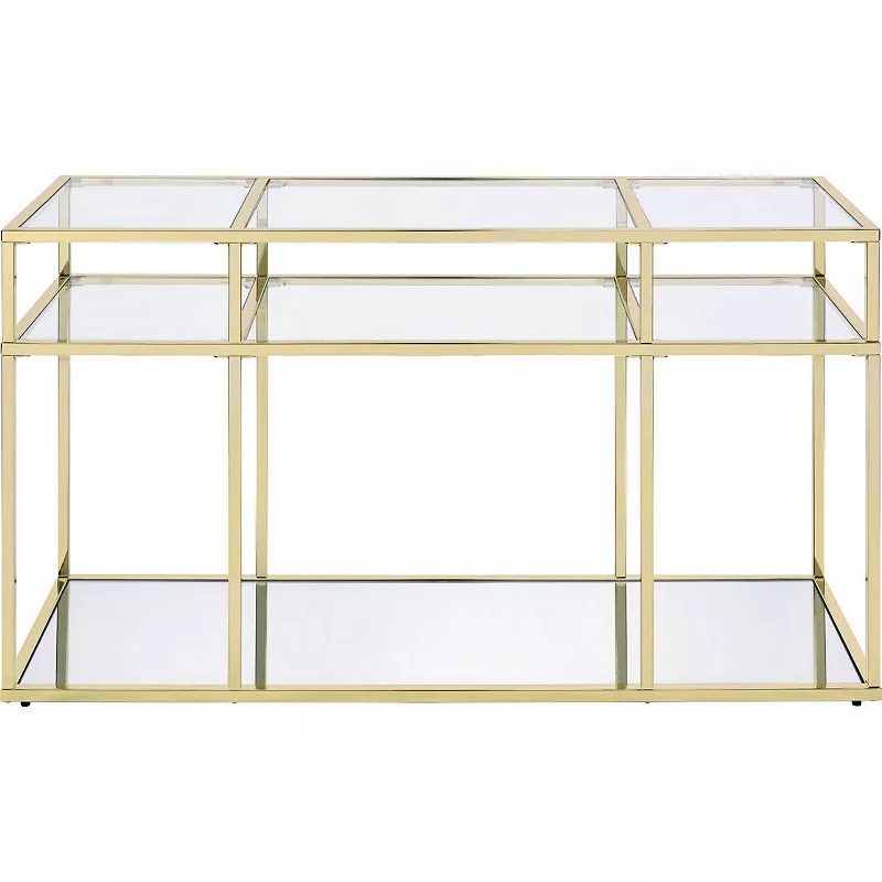 3 Tier Sofa Table with Glass Shelves and Metal Frame， Gold