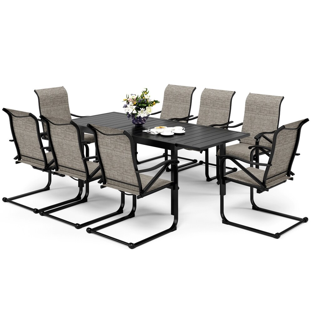 9 pc. Patio Dining Set w/ 1 Extendable Rect. Table and 8 Spring Motion Textilene Chairs