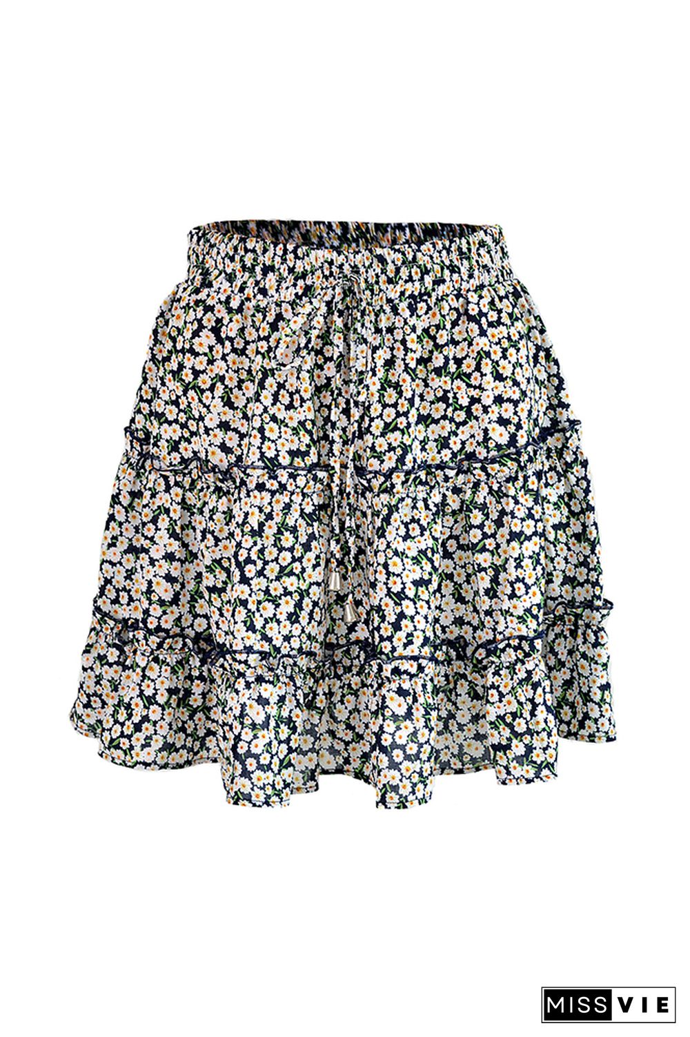 Floral Print Ruffle Drawstring A-line Mini Skirt Wholesale