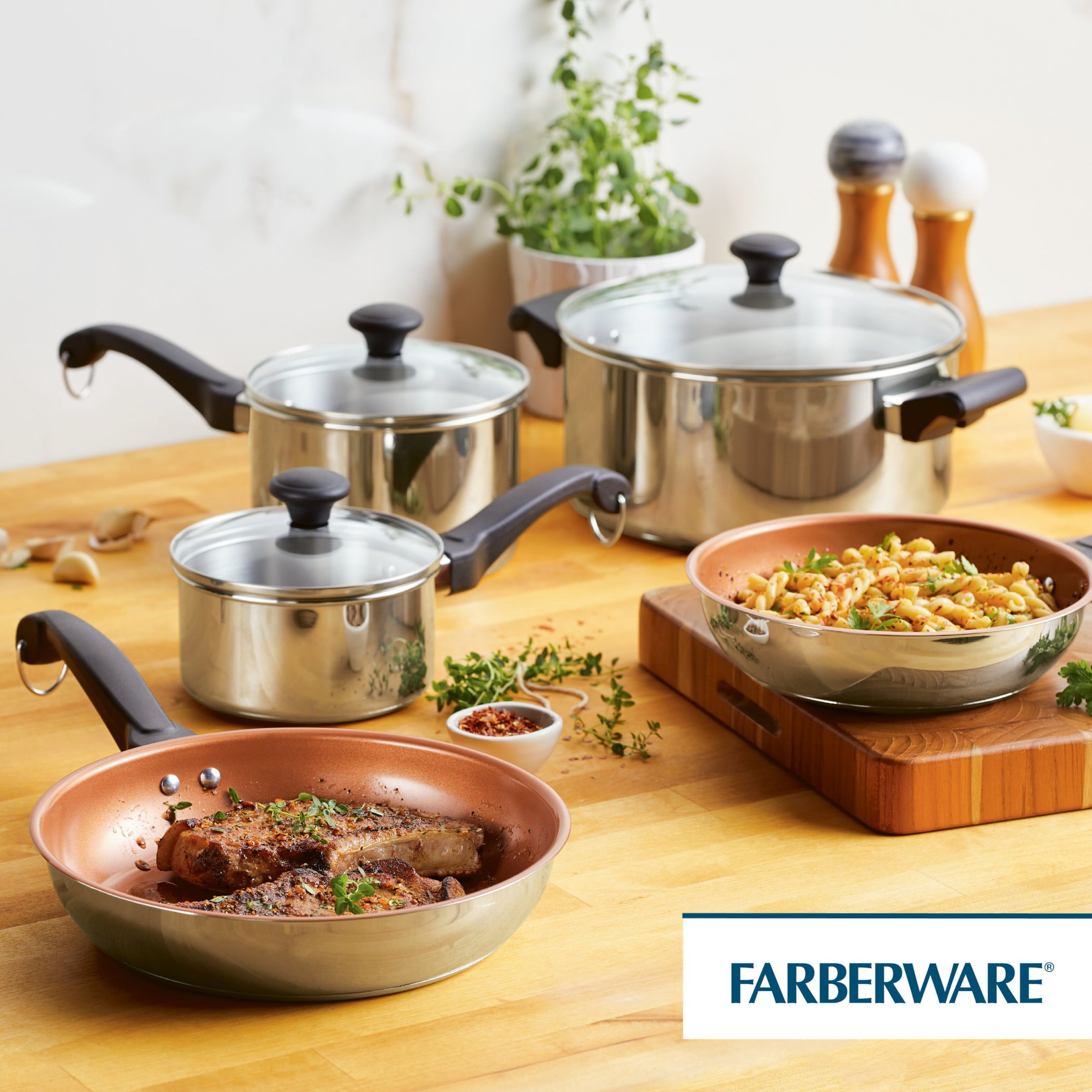 Farberware Classic Traditions Stainless Steel Cookware Set with Ceramic Frypans, 12-Piece Set