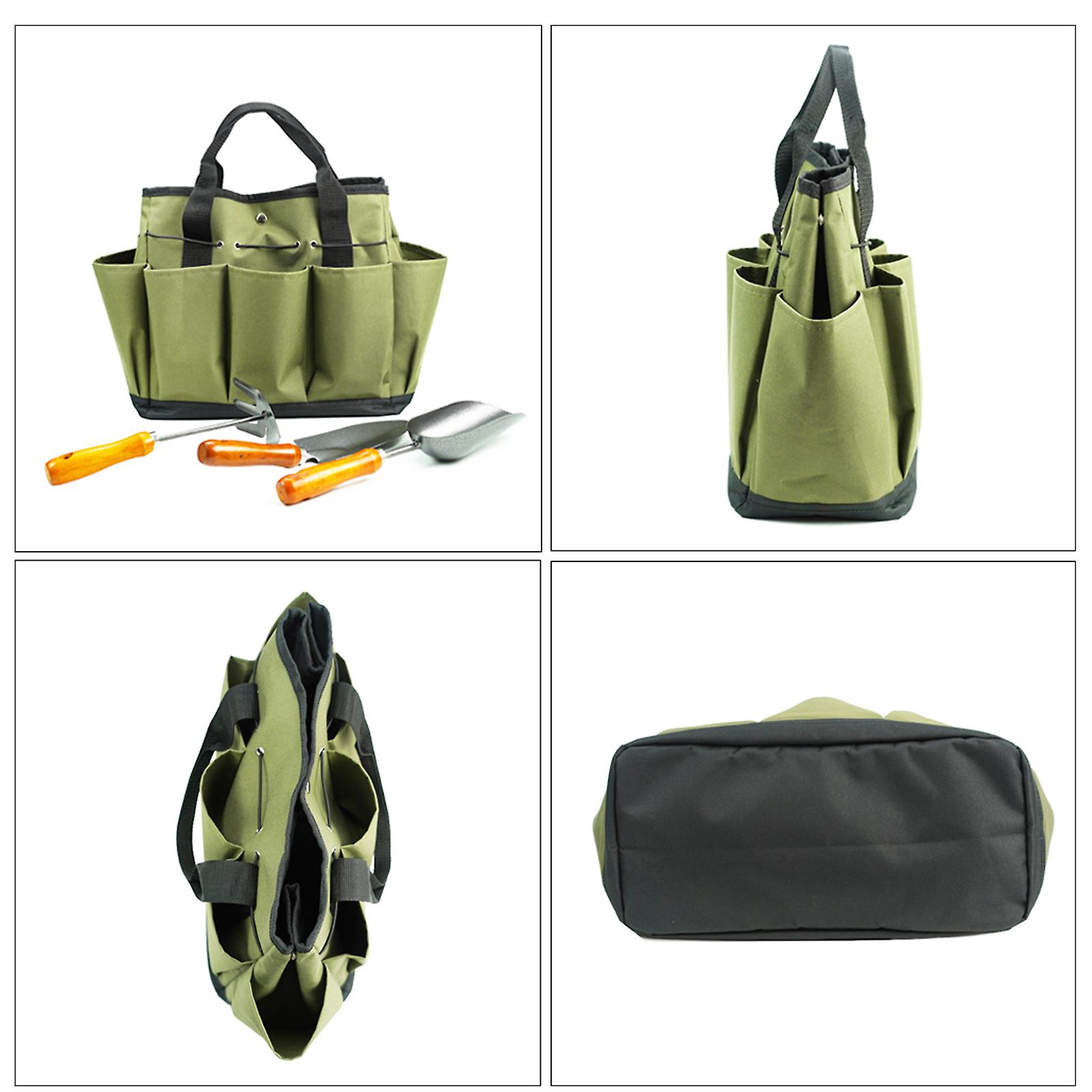 Army Green Gardening Tote Bag With 8 Pockets Gardening Tool Kit Organizer Hand Tool Storage Bag Lawn Yard Bag Carrier