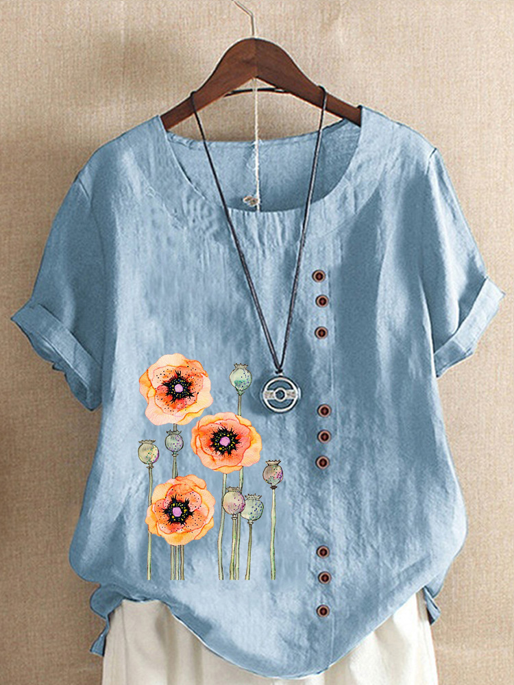 Round Neck Casual Loose Floral Print Short Sleeve Blouse