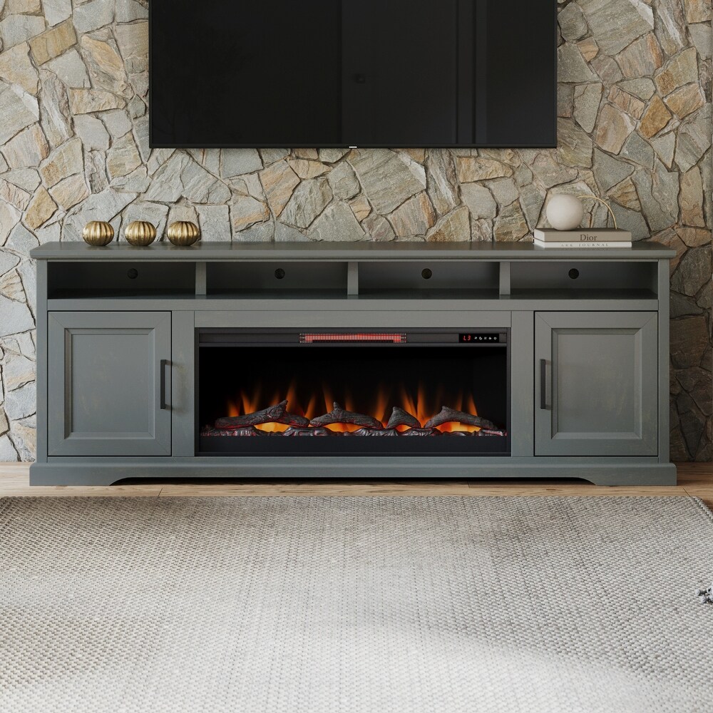 Bridgevine Home Cheyenne 86 Inch Fireplace TV Stand for TVs up to 95 inches  No Assembly Required  Mushroom Grey Finish