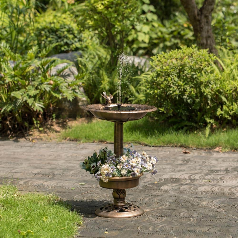 Gardenised Outdoor Garden Plastic Birdbath and Solar Powered Round Pond Fountain with Planter Bowl， Copper QI004101