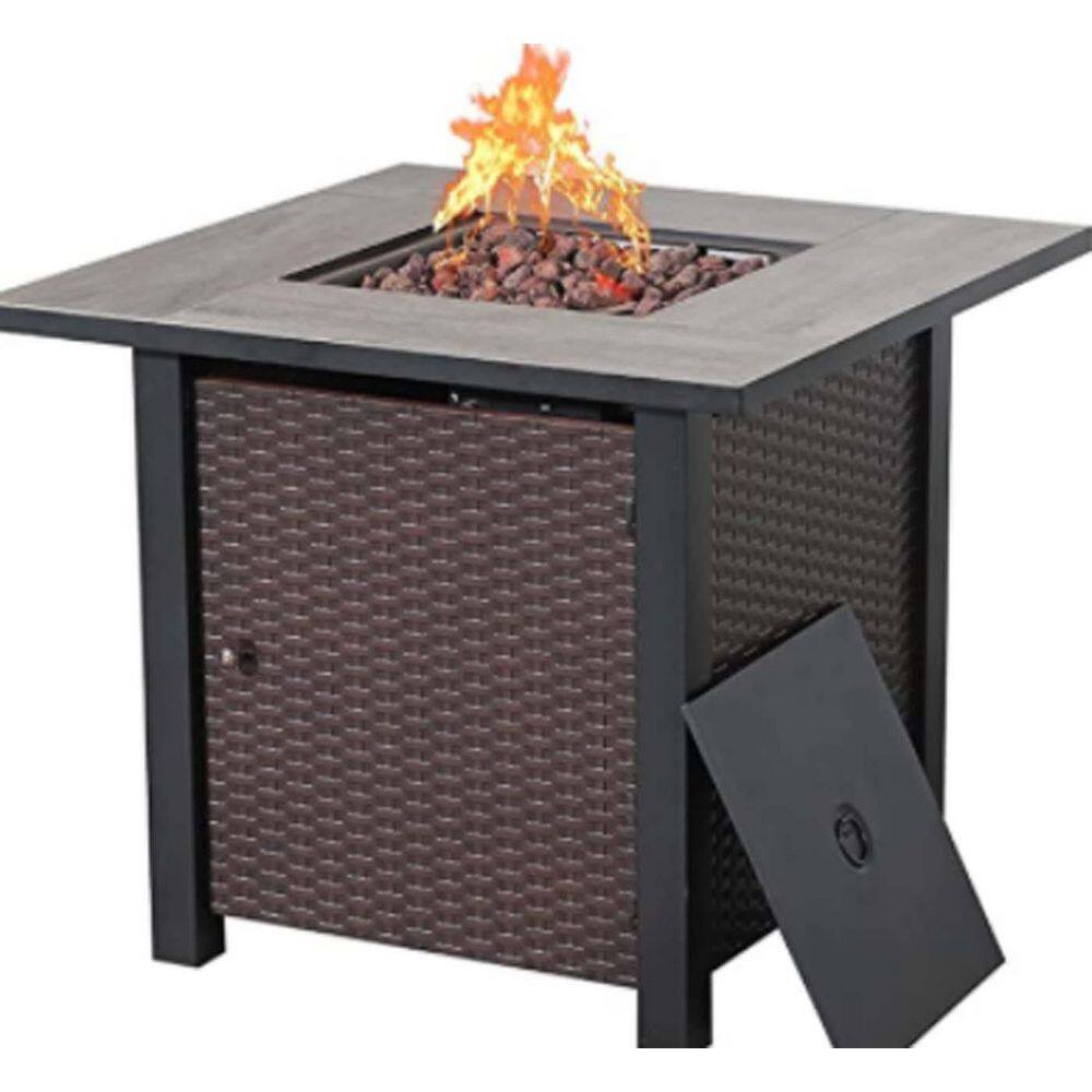 30 inch Brown Rectangular Metal Outdoor Fire Pit Table with Lid 50000 BTU Rattan Look AM1012C-63