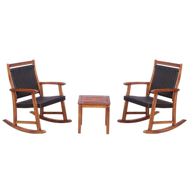 3 Pieces Acacia Wood Patio Rocking Chair Set with Side Table