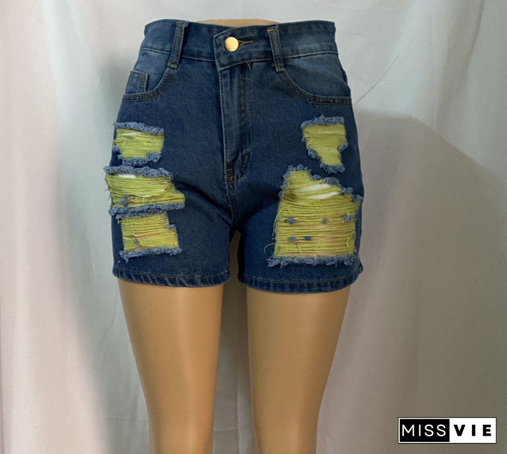 Women's Jeans Yellow Yarn Holes Shorts