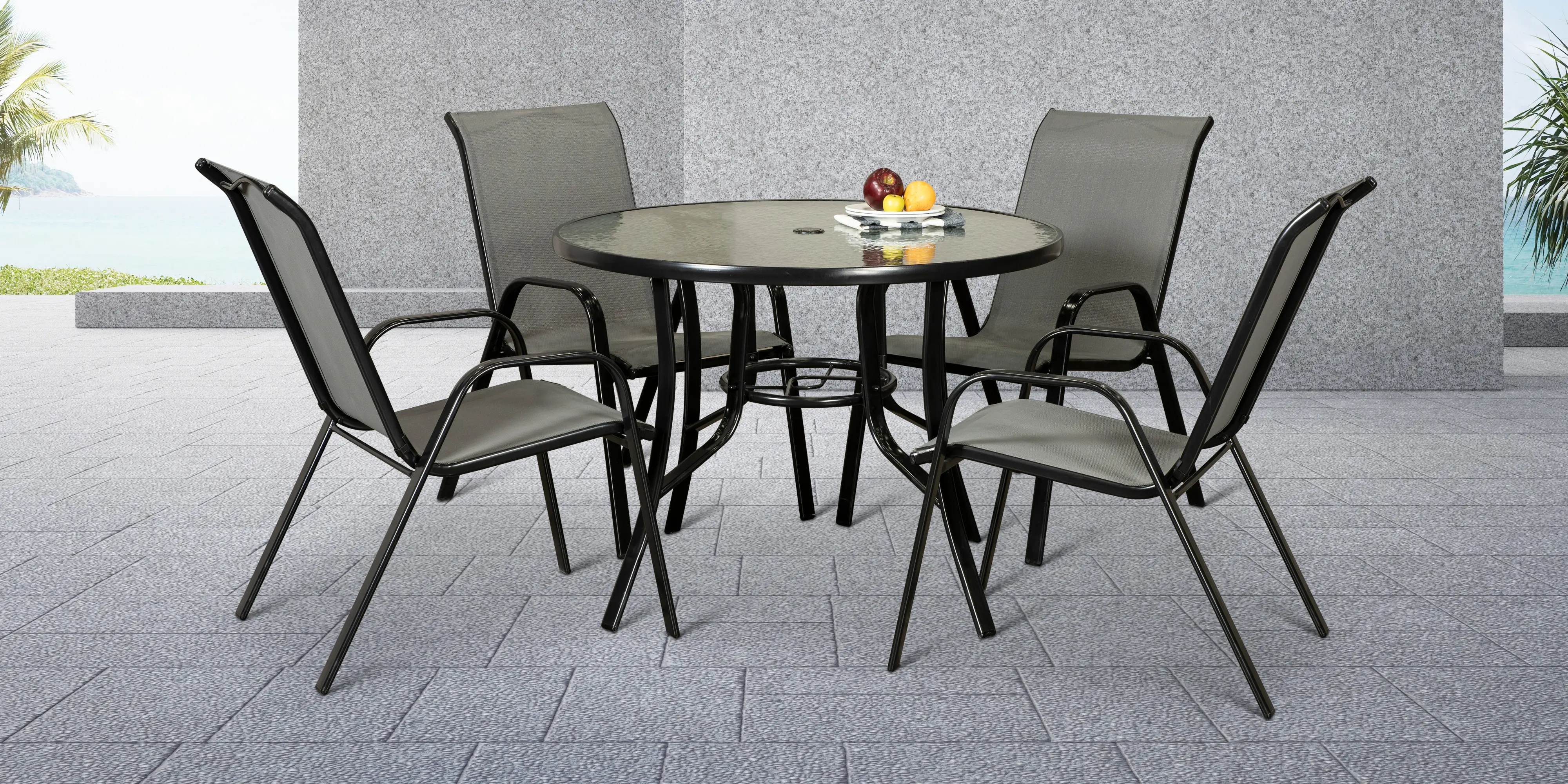 Bali 5 Piece Round Patio Dining Set with 4 Sling Chairs