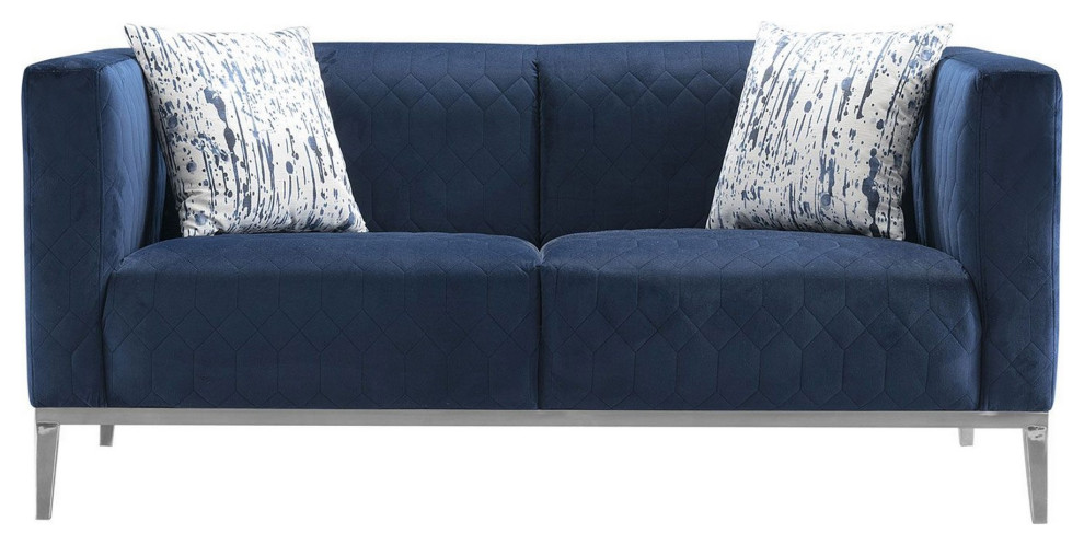 Fabric Loveseat With Diamond Stitching Details And Metal Base  Navy Blue   Contemporary   Loveseats   by VirVentures  Houzz