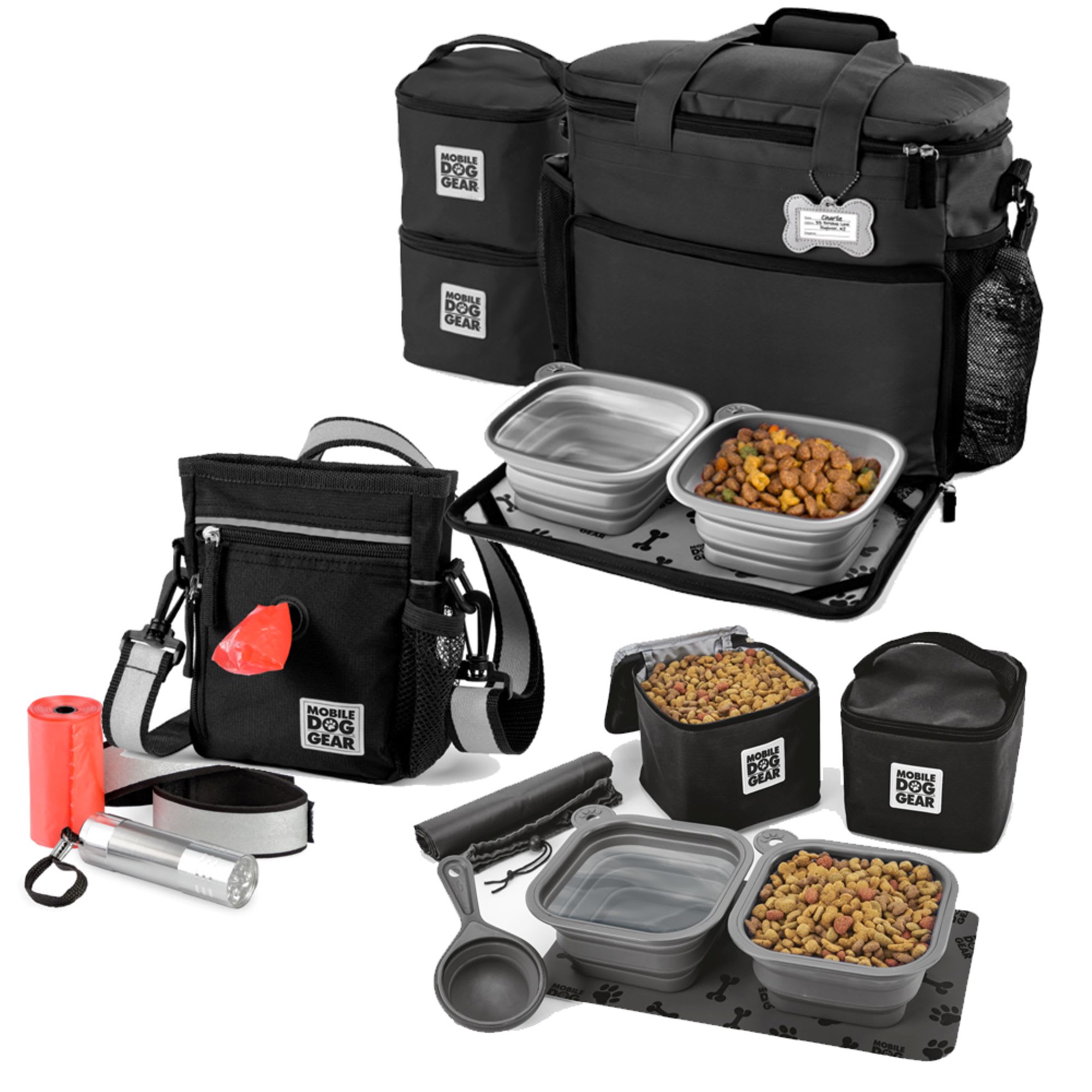 Mobile Dog Gear Black Bundle Day/Night Walking and Week Away Bag， Dine Away Set