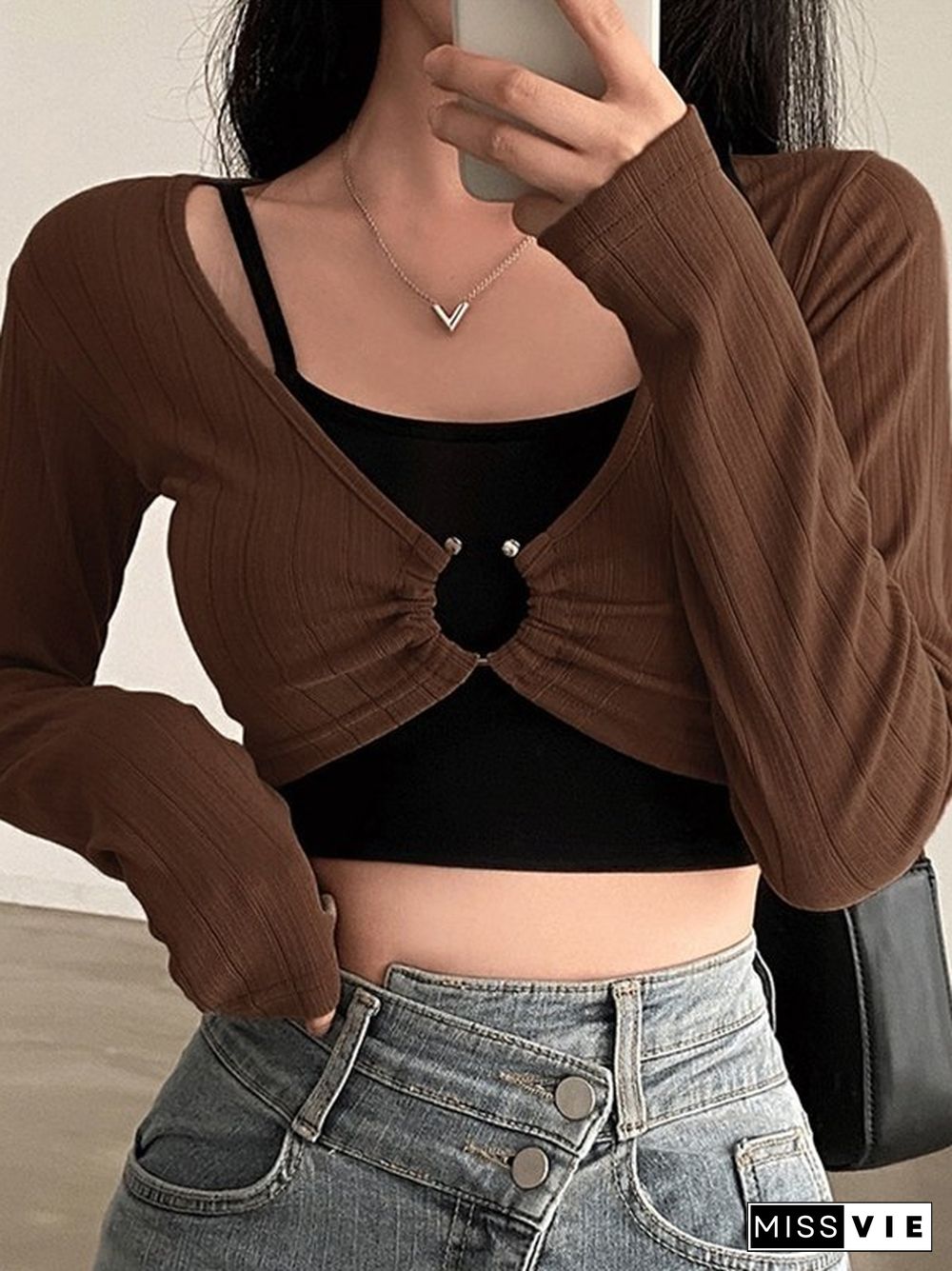 Ribbed Knit Long Sleeve Cami Top Set