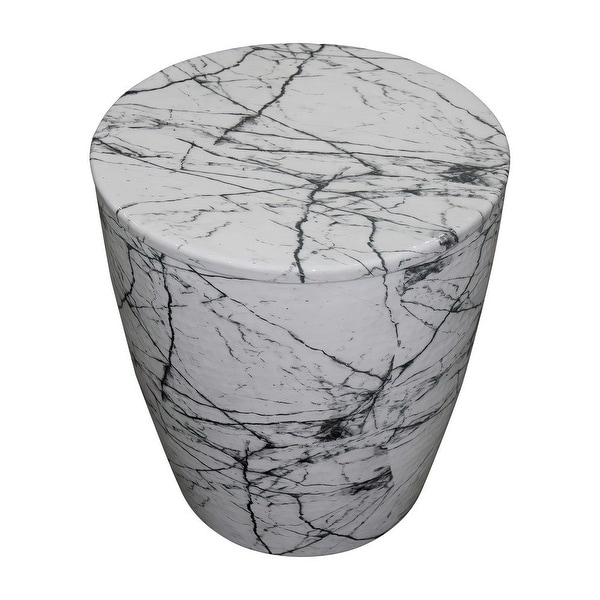 16 Inch Round Accent Side Table， Aluminum Sheet， Faux Marble， Enamel Coating， White - 16 H x 15 W x 15 L