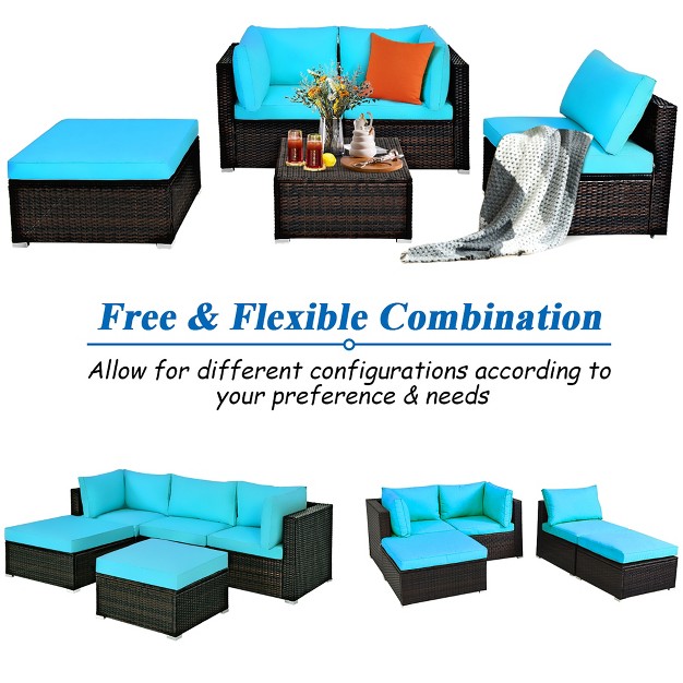 Costway 5pcs Patio Rattan Sectional Conversation Set Ottoman Turquoise