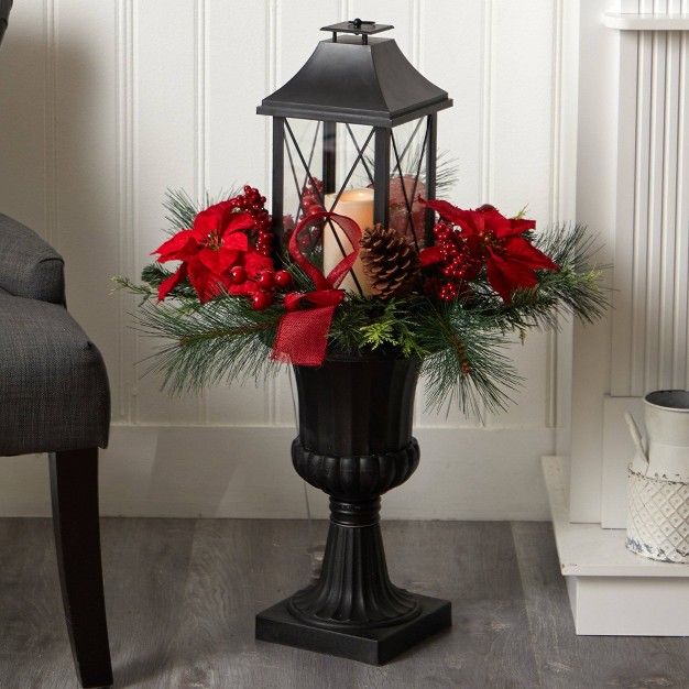 Nearly Natural 33-in Holiday Christmas Berries And Poinsettia With Large Lantern And Included Led Candle Set In A Decorative Urn Porch Decor