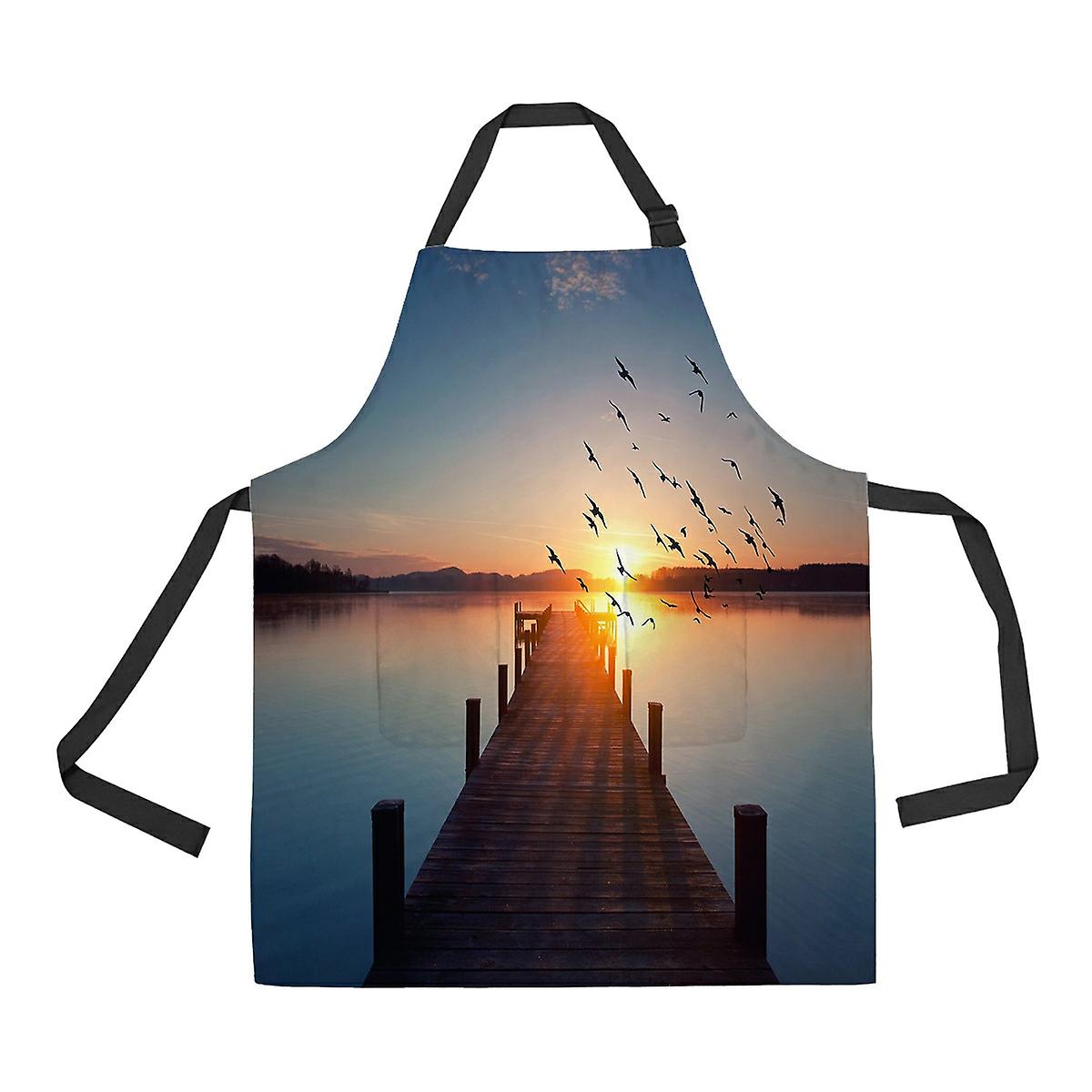 Long Pier Leading Lake Sunrise Apron Home Kitchen Apron With Pockets