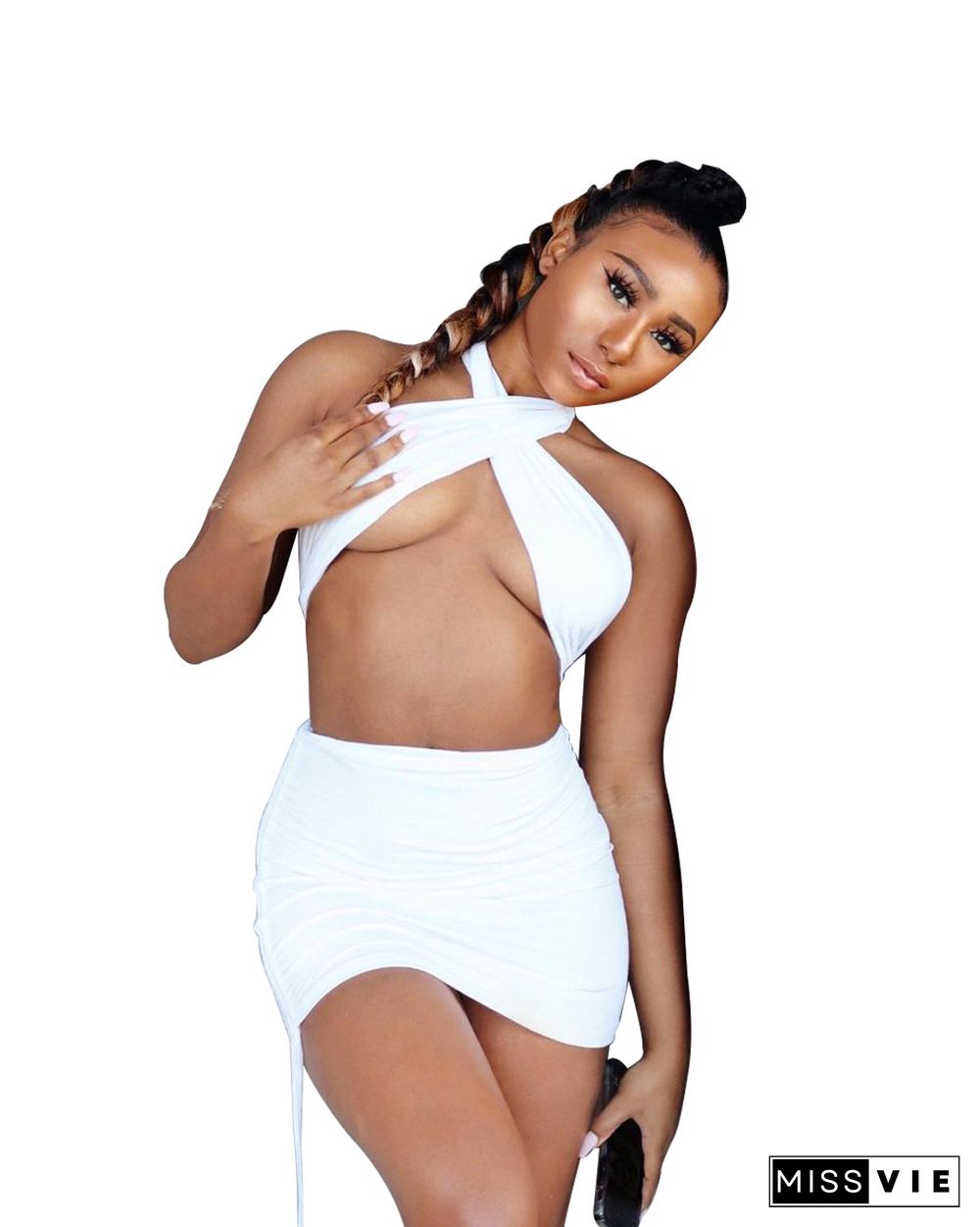 Summer Mini Skirts Criss Cross Halter Crop Top 2 Piece Set