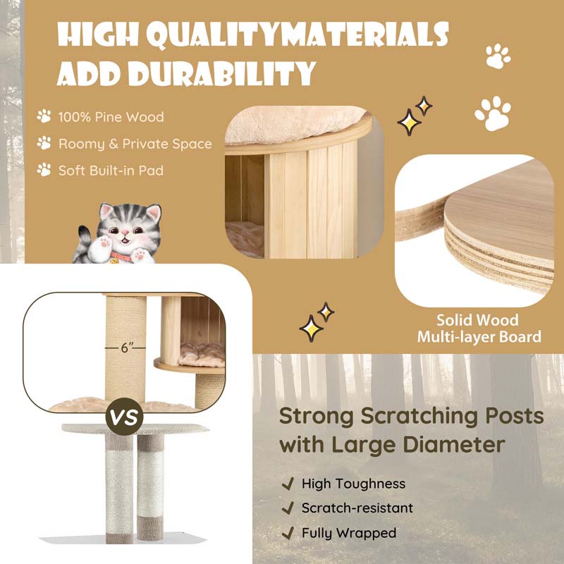 Multi-Level Large Cat Tower with Cat Condo, Modern Wood Tall Cat Tree with Sisal Posts & Washable Mats