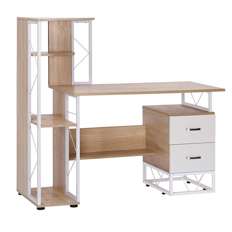 HOMCOM 52 Modern Multi Level Computer Desk Home Office Study Workstation with Storage Shelves Drawers and CPU Stand White/Oak Color