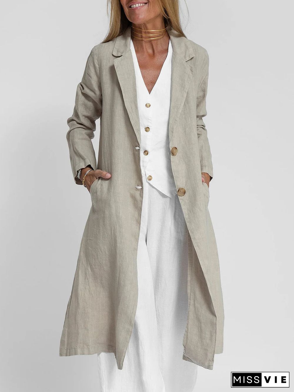 Cotton Lapel Neck and Pocket Long Jacket