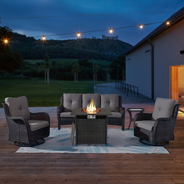 Outdoor Wicker 3Seat Sofa with Fire Pit Table Swivel Chiar Table