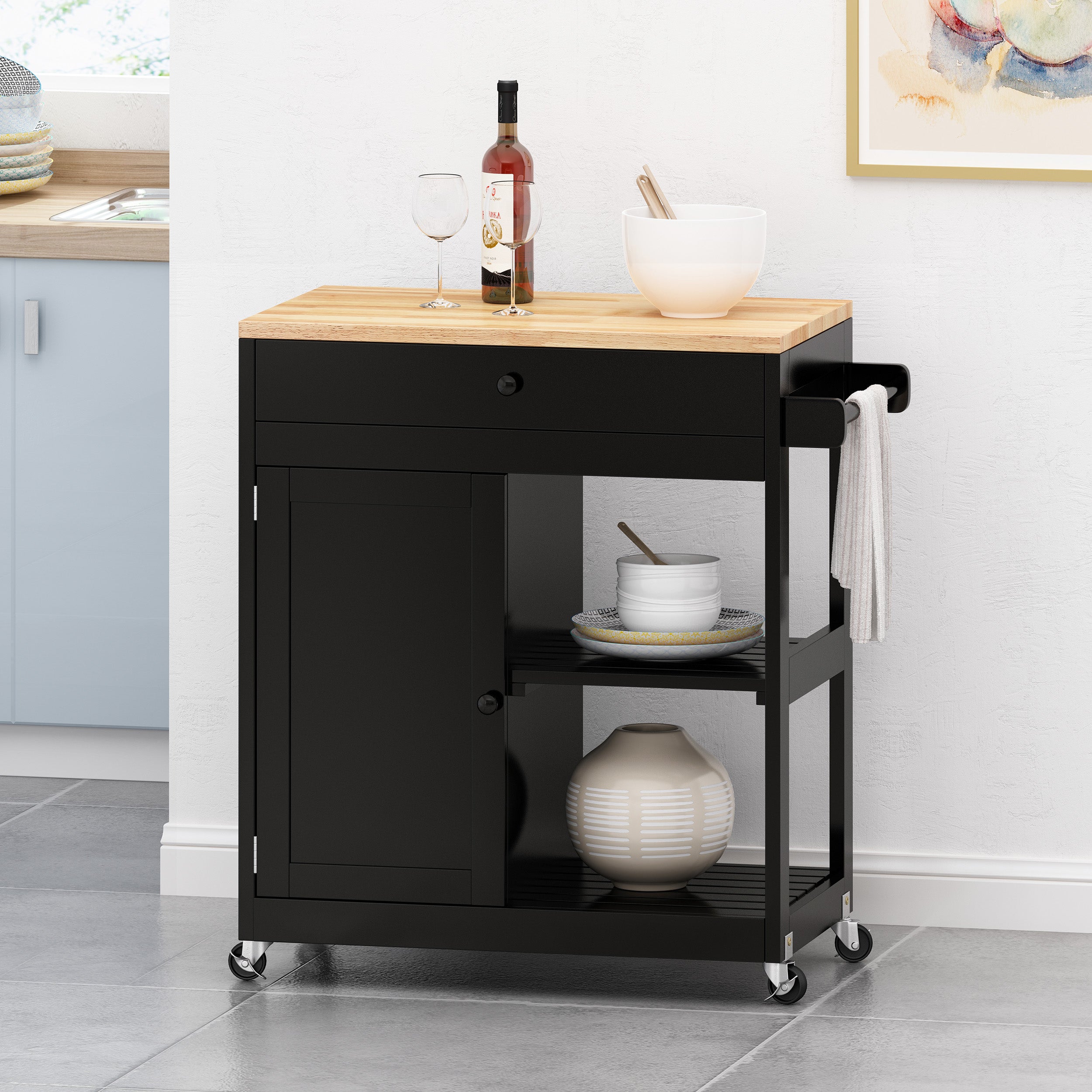 GDF Studio Lanier Kitchen Cart with Wheels， Black and Natural