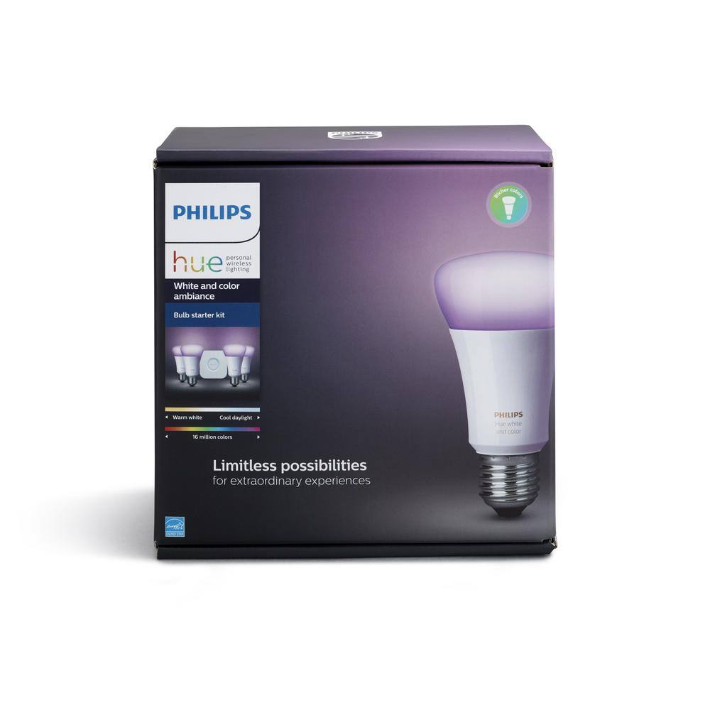 Philips Hue White and Color Ambiance A19 LED 60W Equivalent Dimmable Smart Wireless Lighting Starter Kit (4 Bulbs and Bridge) 548545