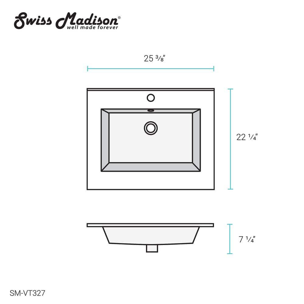 Swiss Madison Voltaire 25 in Vanity Top in Glossy White with 1Basin