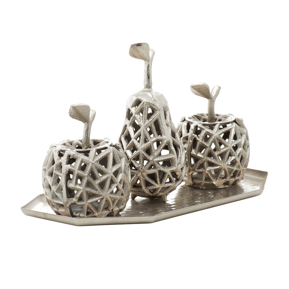 Silver Aluminum Decorative Cut Out Fruit Sculpture with Platter   14 x 8 x 8