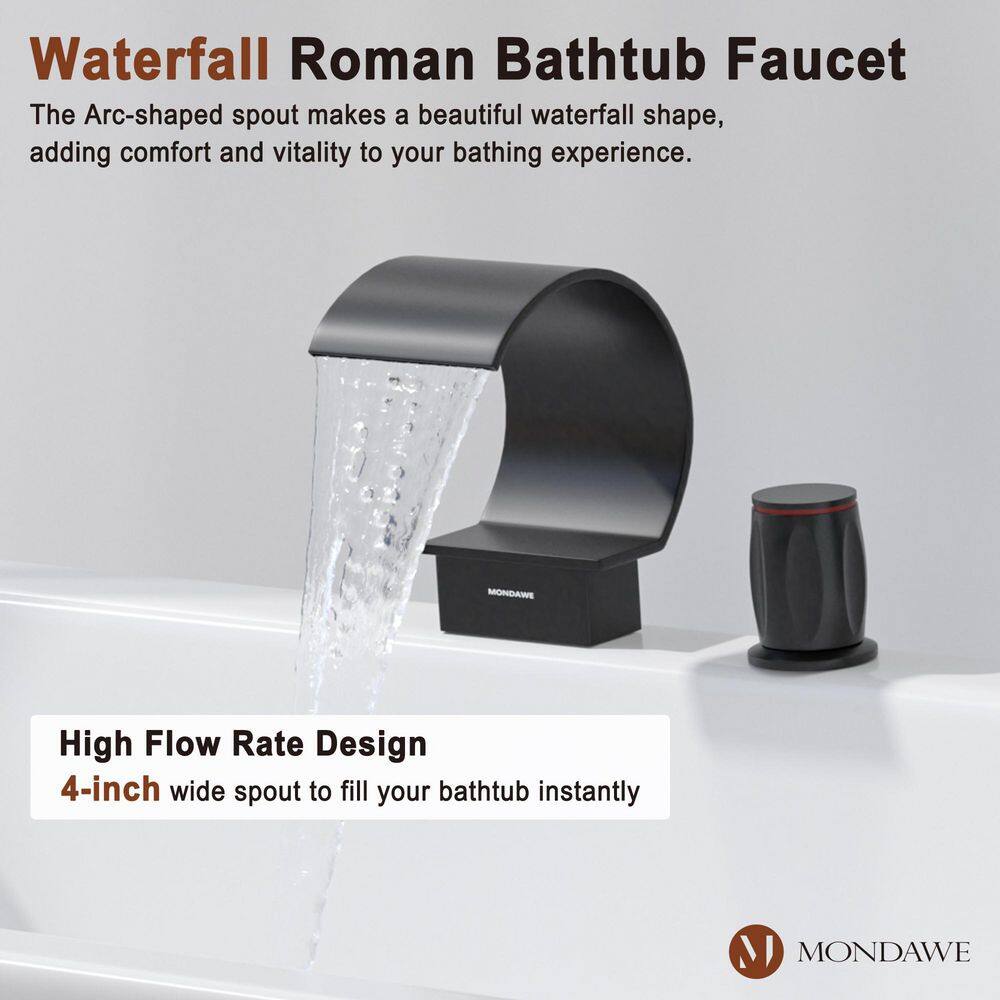 Mondawe Fabian 3-Handle Waterfall Wide-Spray High Pressure Tub and Shower Faucet in Matte Black With Valve WF-5934-BL