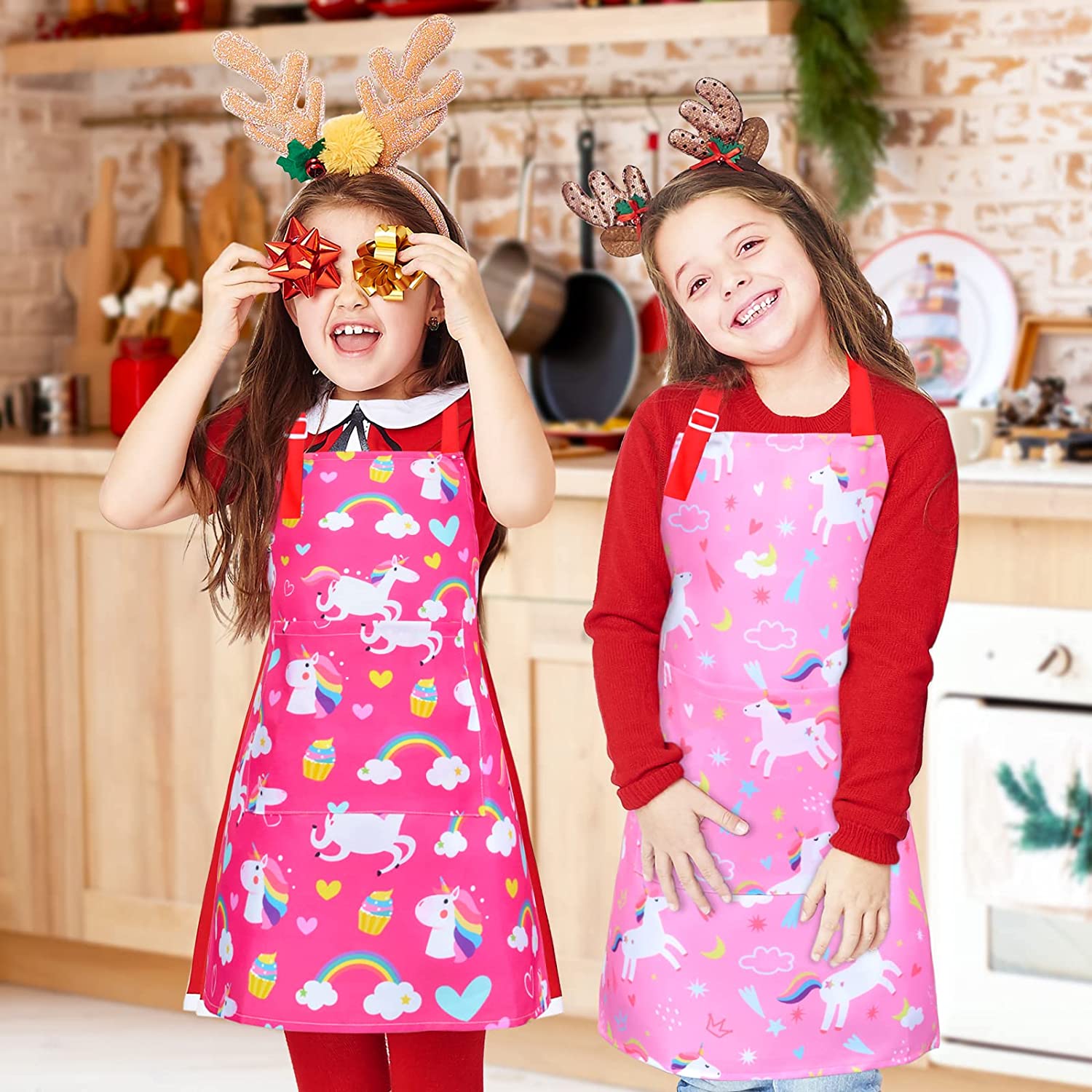 Sylfairy Aprons for Kids Girls with Hat and Big Pocket Kitchen Chef Aprons Smock for Cooking Baking and Gardening (Pink+Rose Red， S， 3-5Years)