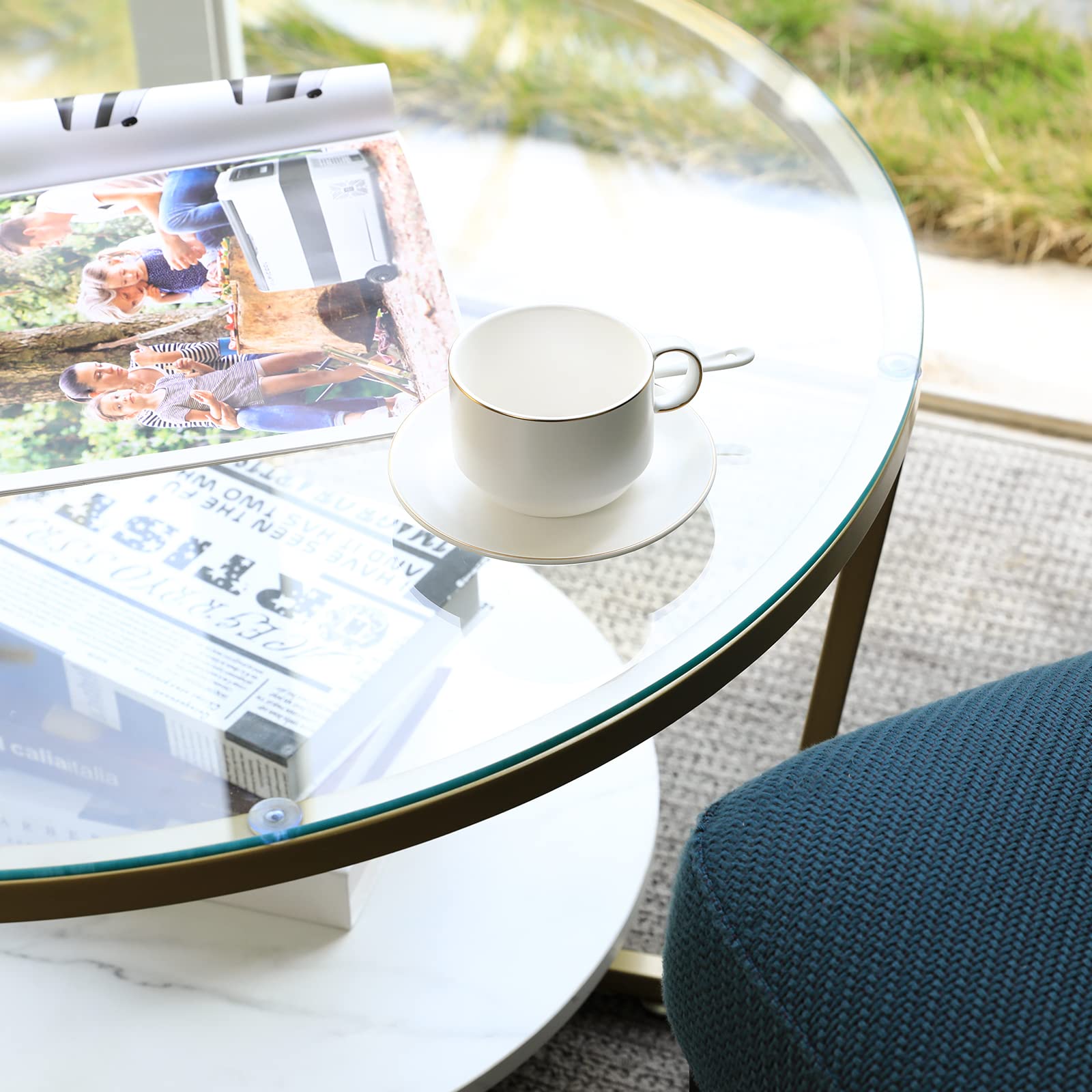 SMOOL Glass Coffee Table Round with Metal Frame Living Room Table with 2-Tier Storage Shelf