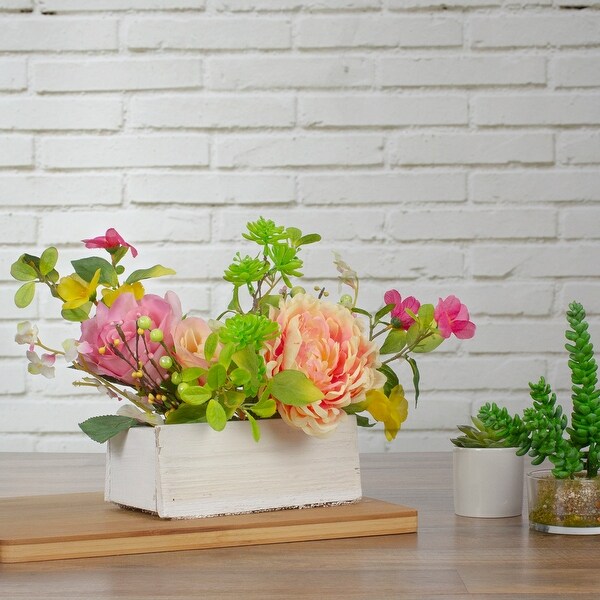 16 Pink White Artificial Spring Floral Foliage Arrangement in Planter