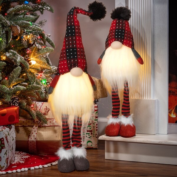 Set of 2 Lighted Plush Red and Black Plaid Holiday Standing Gnomes