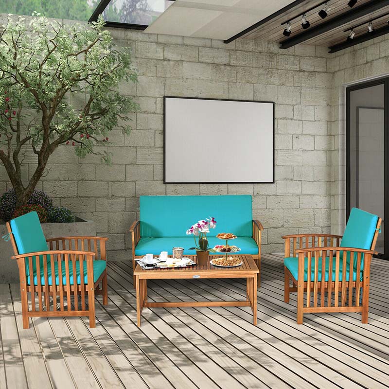 4 Pcs Outdoor Acacia Wood Sofa Set Patio Conversation Furniture Set with Cushions & Coffee Table