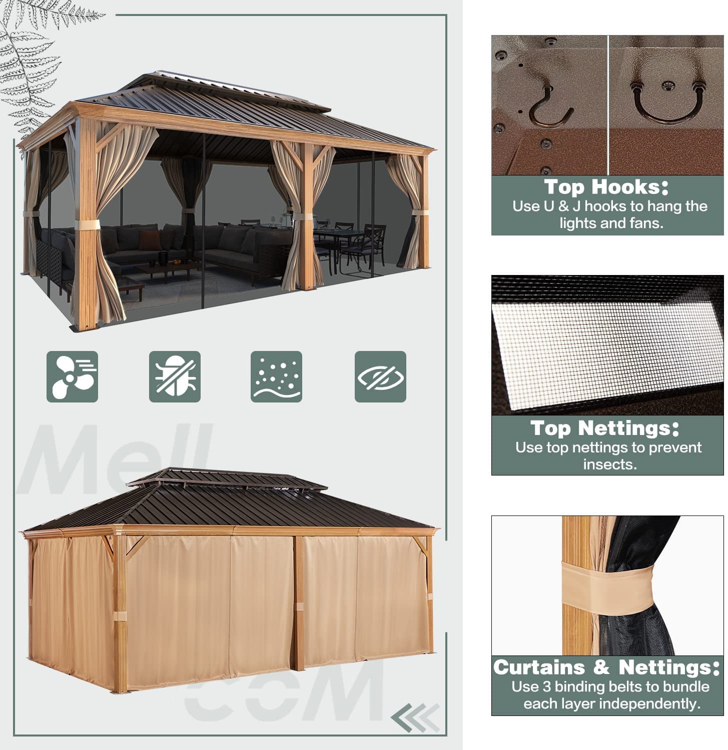 Mellcom 12' X 20' Hardtop Gazebo Aluminum Frame Gazebo 20 ft with Galvanized Steel Double Roof Brown