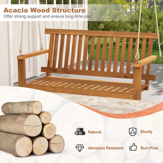 Costway 2 seat Porch Swing Bench Acacia Wood Chair With 2 Hanging Hemp Ropes For Backyard