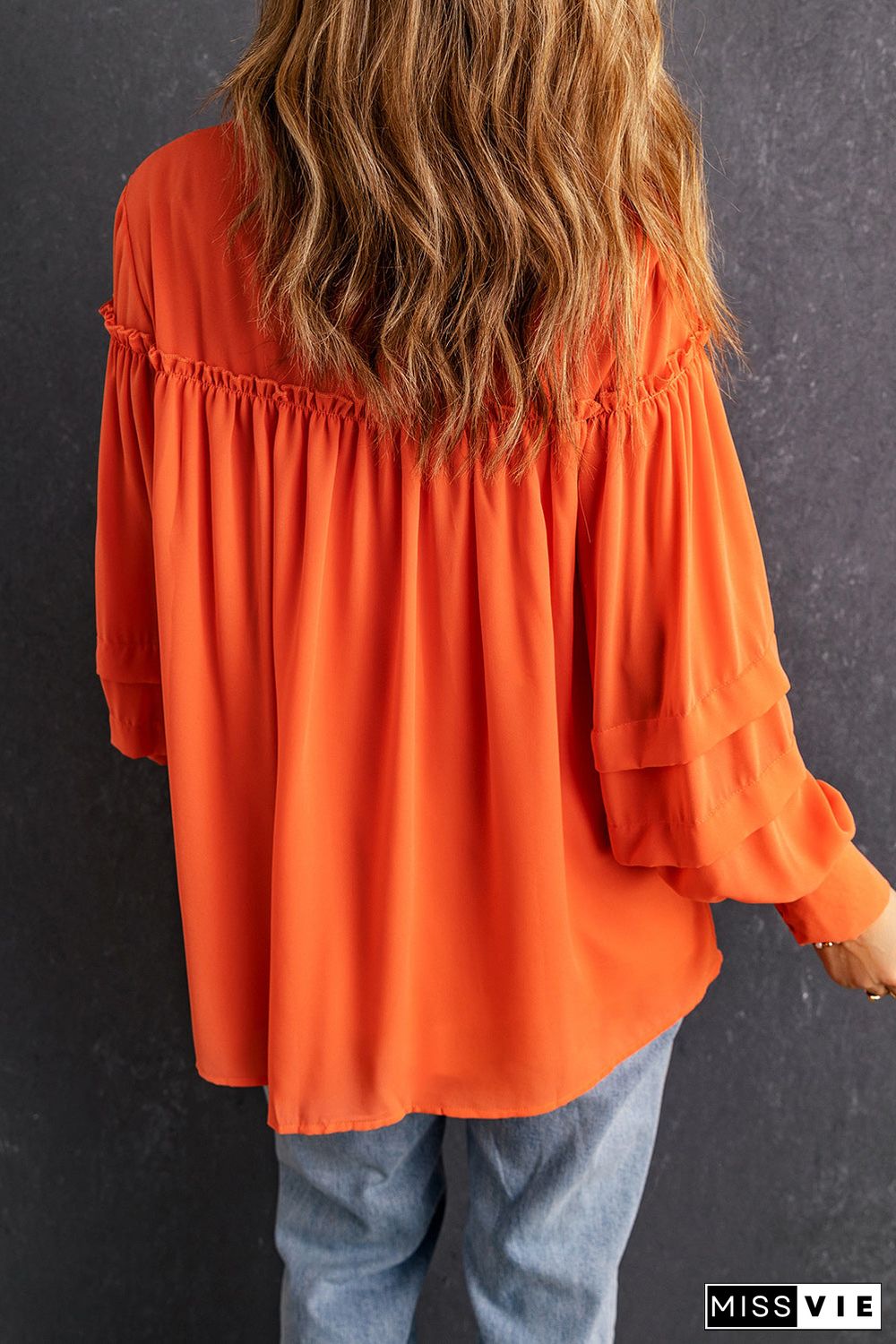 Orange Frill Trim Creasy Puff Sleeve Shirt