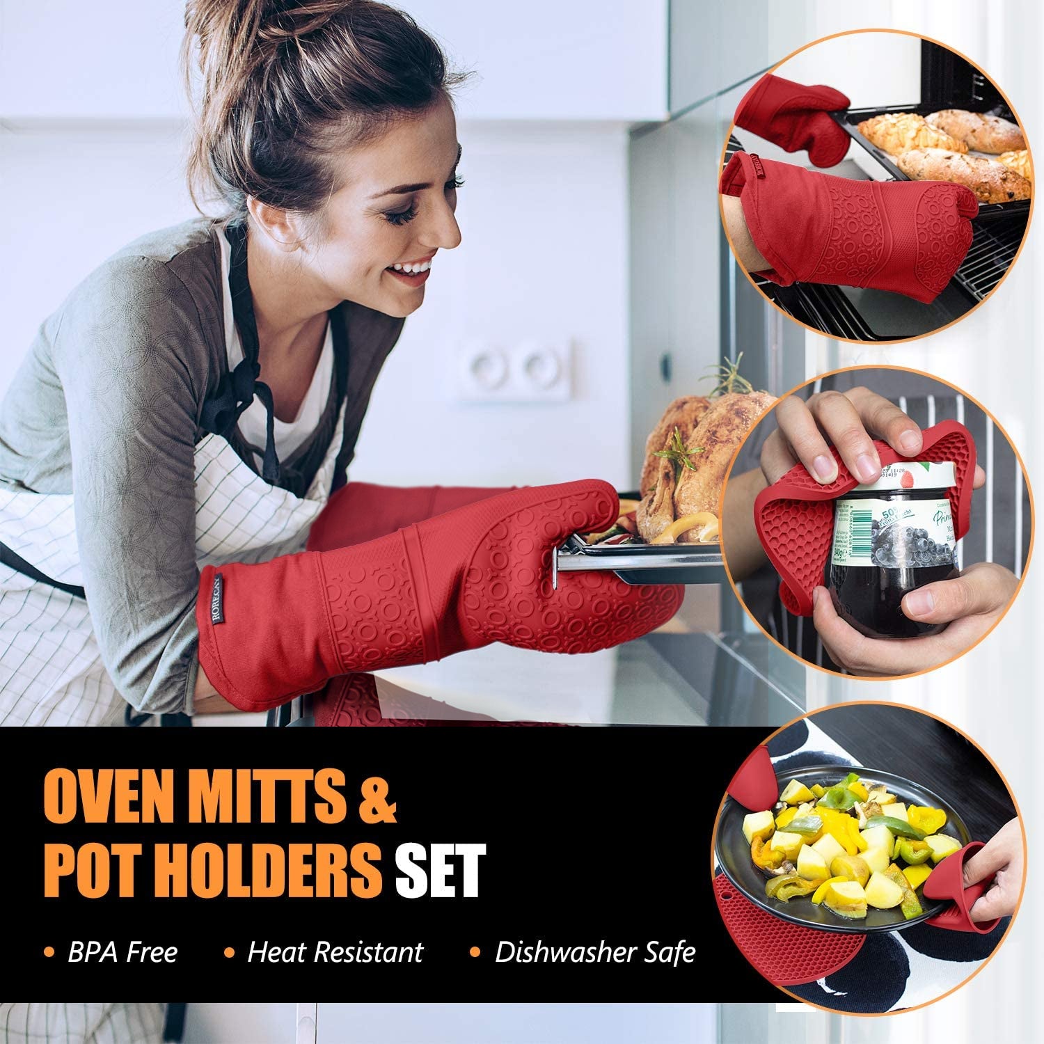 Extra Long Oven Mitts and Pot Holders Sets， RORECAY Silicone Oven Mitts Heat Resistant with Mini Oven Gloves and Hot Pads Pot Holders for Kitchen Baking Cooking Gloves Shows， Quilted Liner， Red， 6PCS