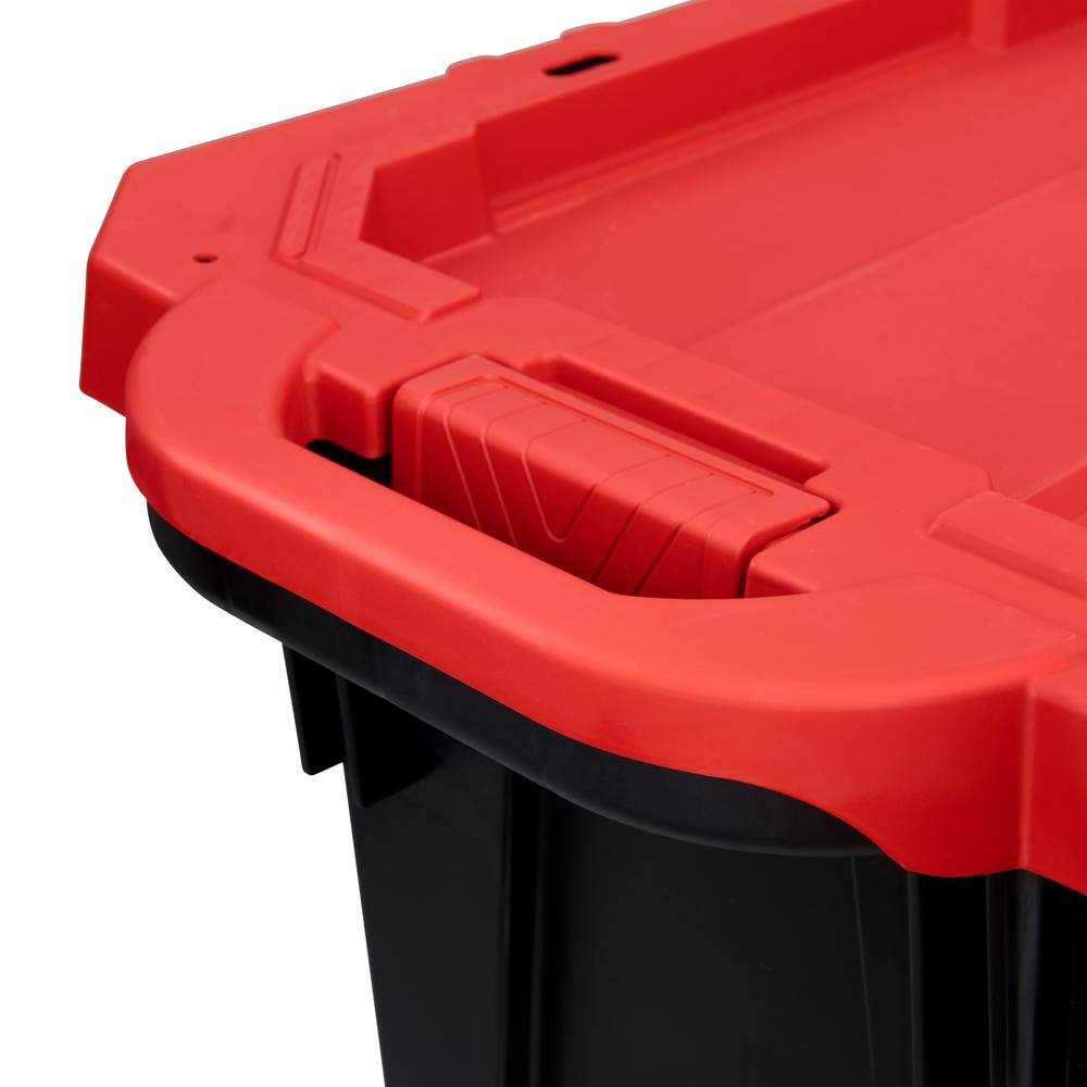 Husky 45 Gal. Latch and Stack Tote with Wheels in Black with Red Lid 206201