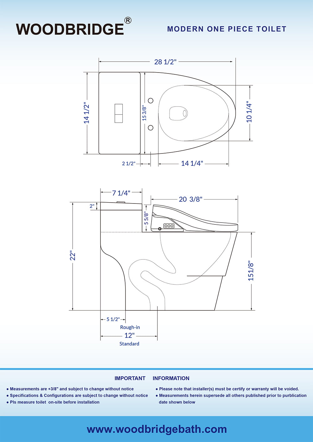 WOODBRIDGE Elongated One Piece Advanced Bidet,Smart Toilet Seat with Temperature Controlled Wash Functions and Air Dryer T0737