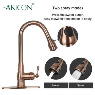 Akicon Single-Handle Pull Down Sprayer Kitchen Faucet with Deck Plate in Antique Copper AK418-AC