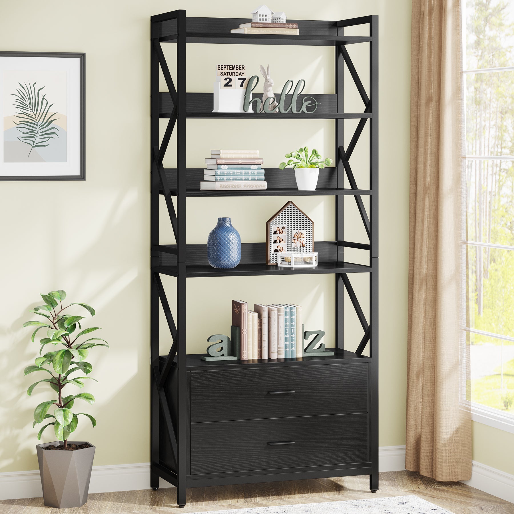 70.86 Bookshelf, Industrial 5-Tier Bookcase with 2 Drawers