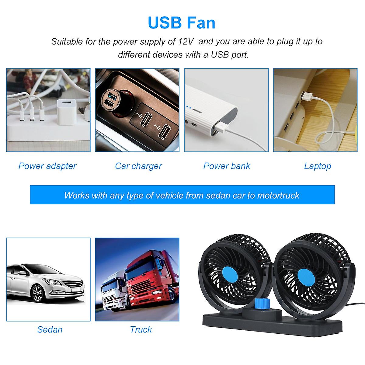 12v Dual-head Usb Fan 360 Degree Rotating Desk Fan 6.5w Powerful Air Circulator Fan With 2 Speed Settings 3.28ft Usb Cord For Car Truck Office Bedroom