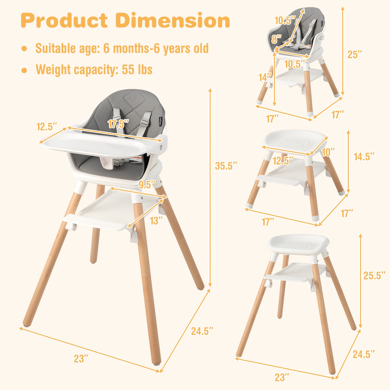 BABY JOY Baby High Chair, 6 in 1 Convertible Wooden High Chair for Babies & Toddlers with Adjustable Legs