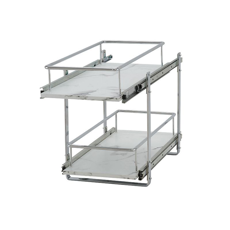 Household Essentials 11.5-Inch 2-Tier Cabinet Sliding Organizer， Extended Length， Chrome and Faux Marble