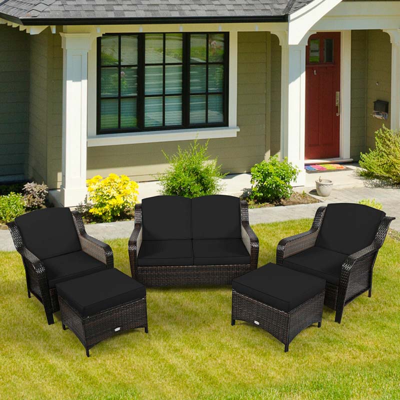 5 Pcs Rattan Wicker Patio Furniture Set with Loveseat, Single Sofas & Ottomans, Outdoor Conversation Sets